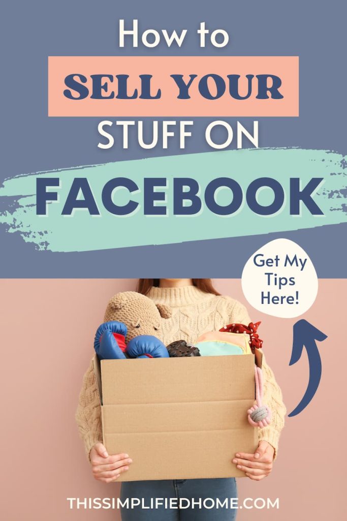 Woman from the neck down holding a box of things to sell on Facebook. The head of a teddy bear can be seen, along with some boxing gloves.