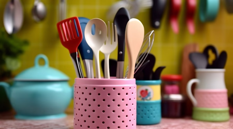 Pink canister containing kitchen spoons and spatulas.