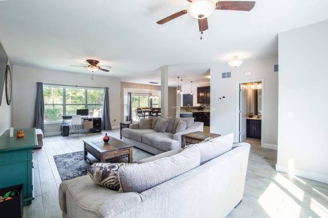 Tidy living room with neutral colors.