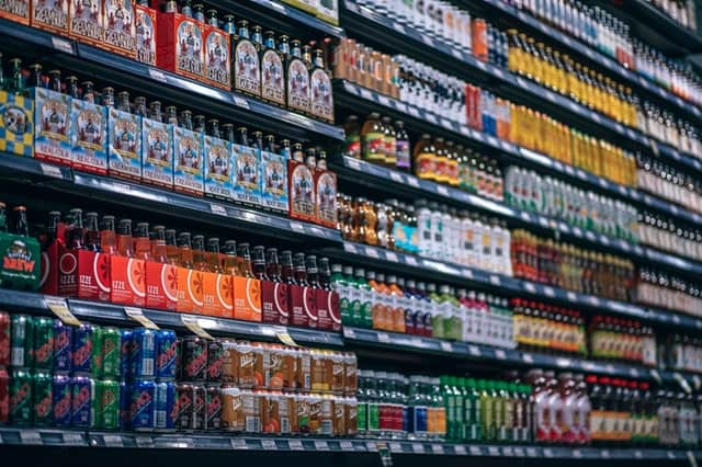 Beverages at supermarket.