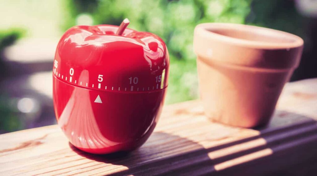 Kitchen timer that looks like an apple, set to the 5 minute mark.