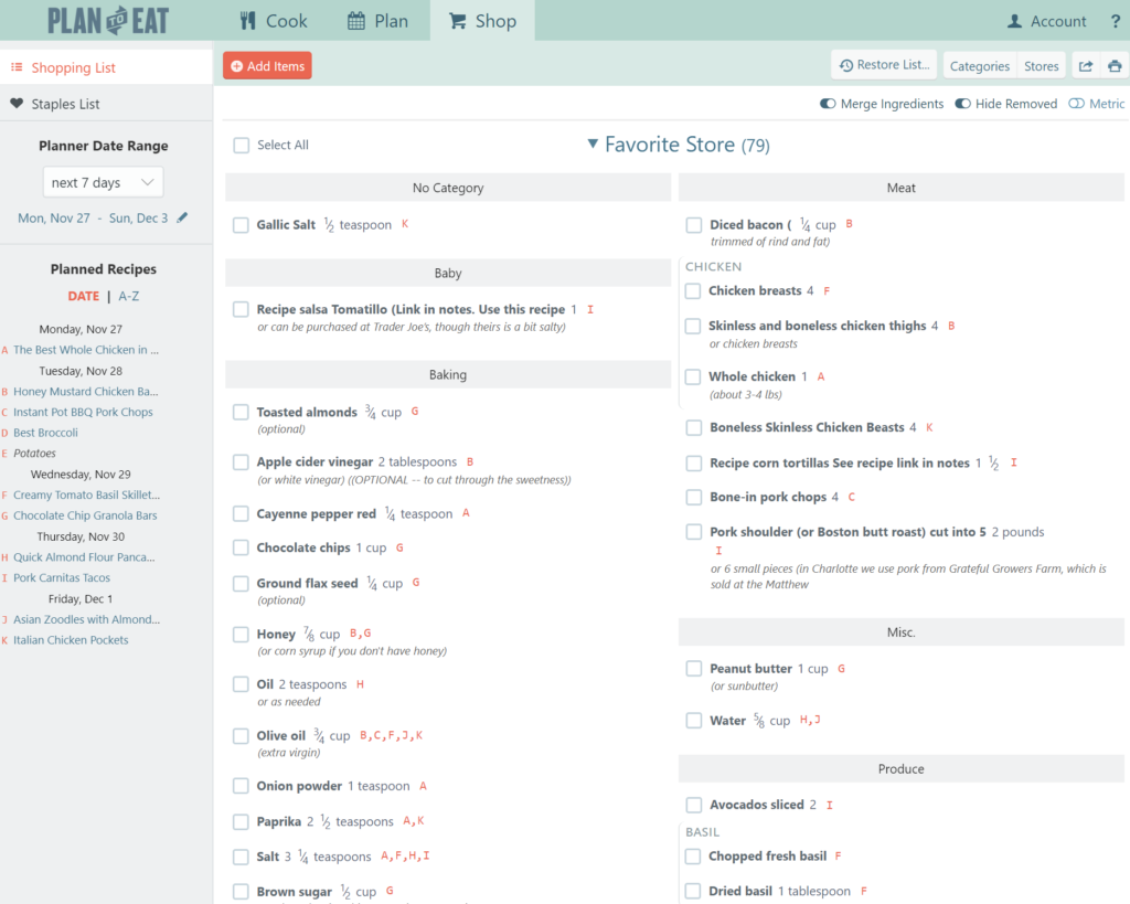 View of shopping list in Plan to Eat. The shopping list is populated with the ingredients that are needed for the recipes that were planned.