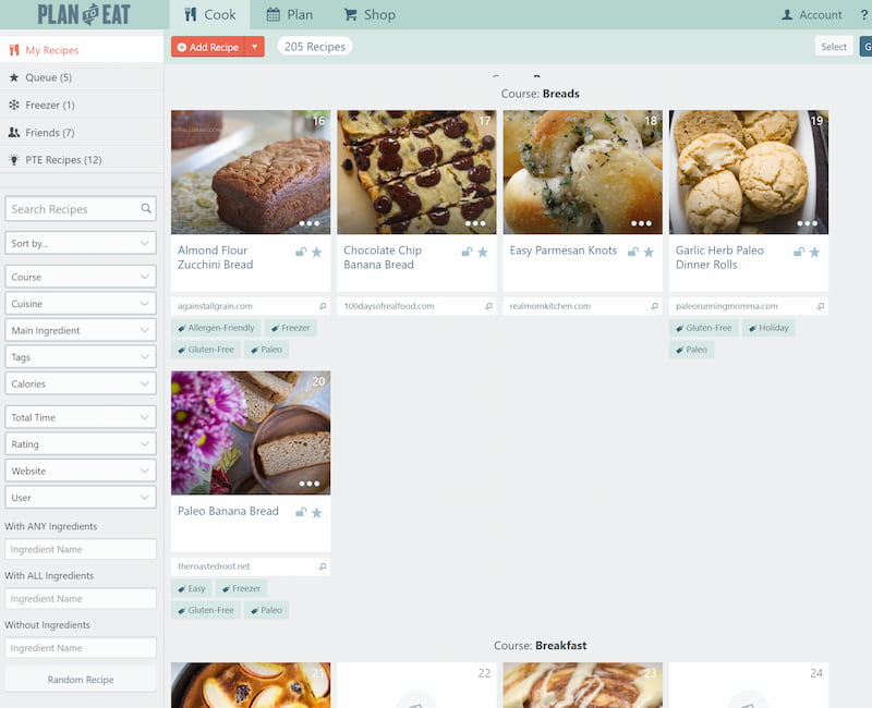 View of the"Cook" screen in Plan to Eat that shows filters on the left of the screen and recipe images on the right side of the screen.