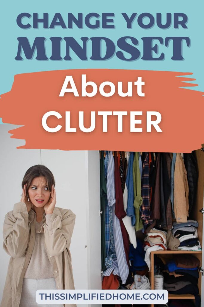 Woman holding her head and looking at her cluttered closet with a distressed look on her face.