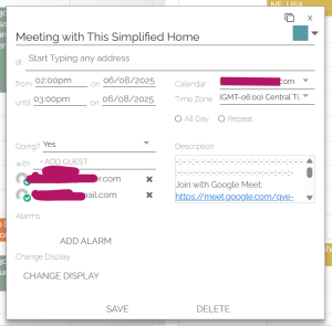 Window setting up a Google Meet link within Artful Agenda calendar