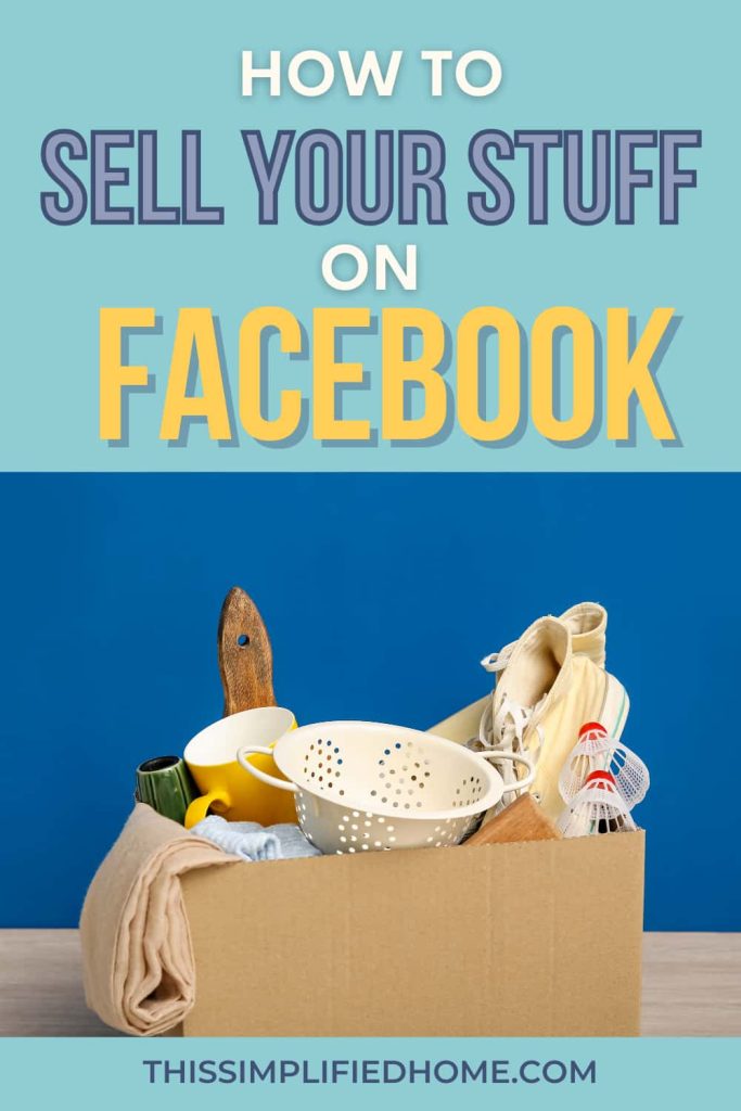 Box of things to sell on Facebook, including a strainer, mug, shoes, and badminton shuttlecocks.